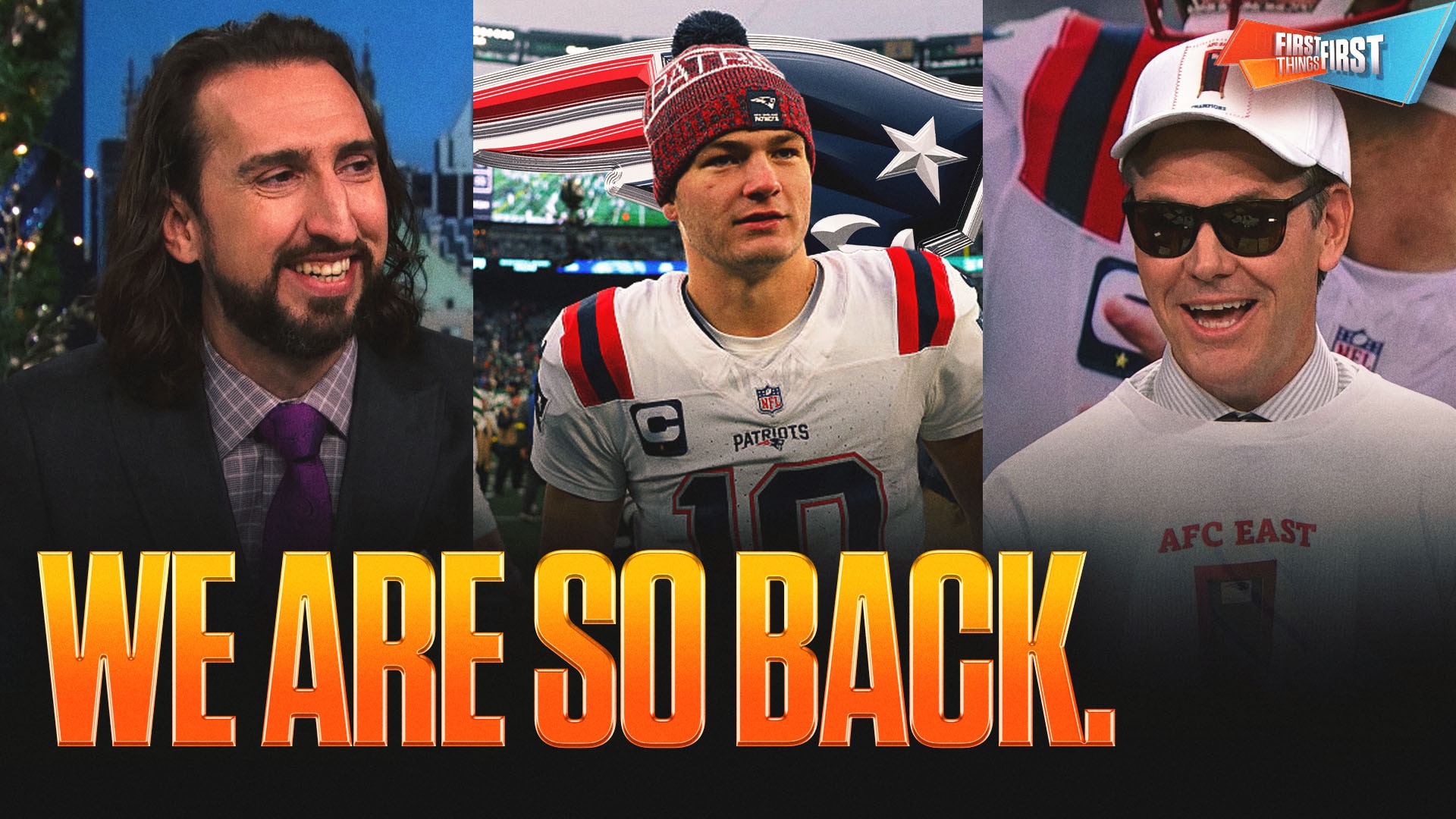 Kevin Wildes celebrates Patriots' AFC East title with Door of Destiny shirts and hats 🚪 | First Things First