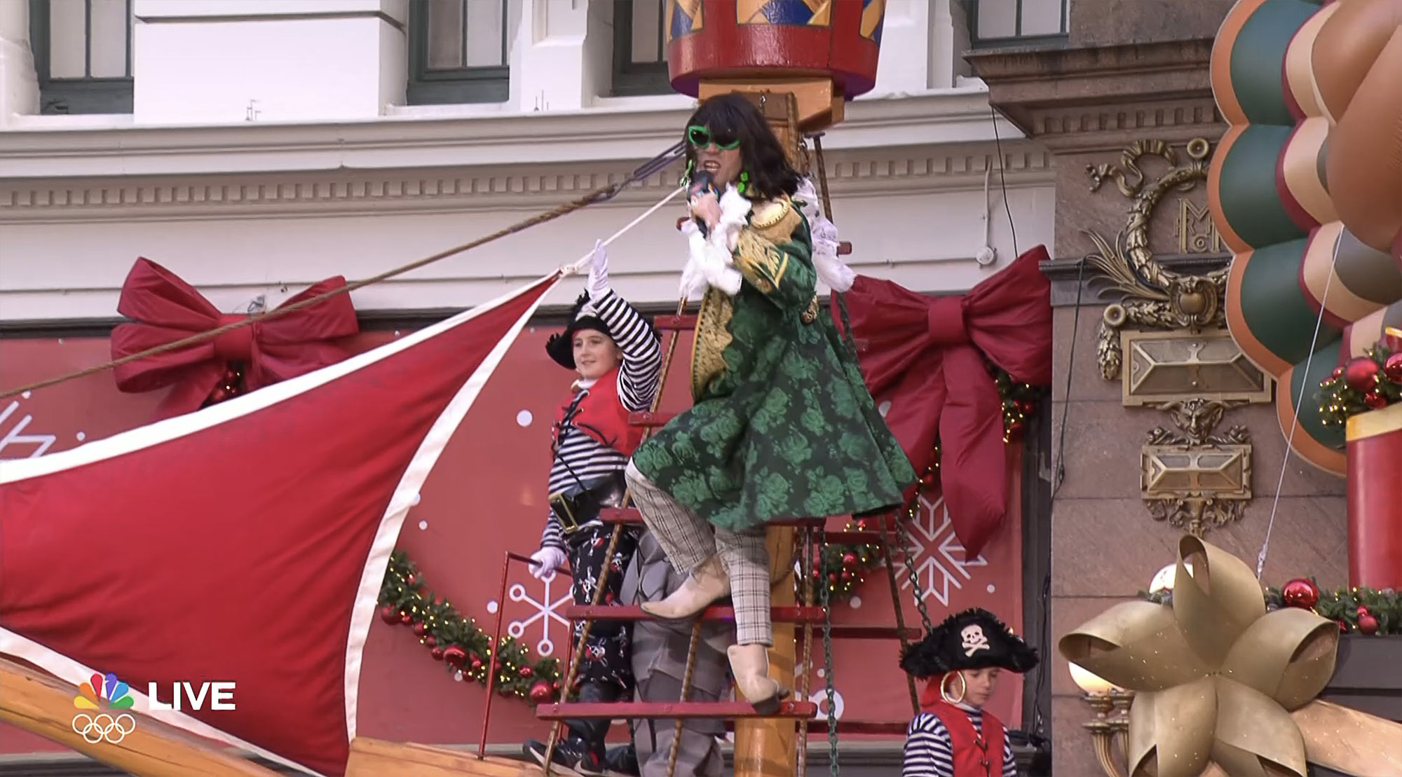Mr. Fantasy Gyrates on Pirate Float During 2025 Thanksgiving Day Parade