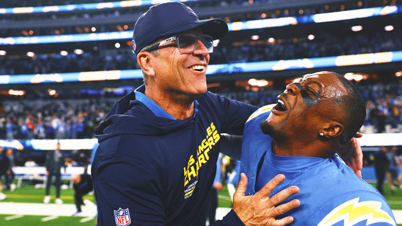 Chargers HC Jim Harbaugh Likens Overtime Win Over Eagles to Birth of Children