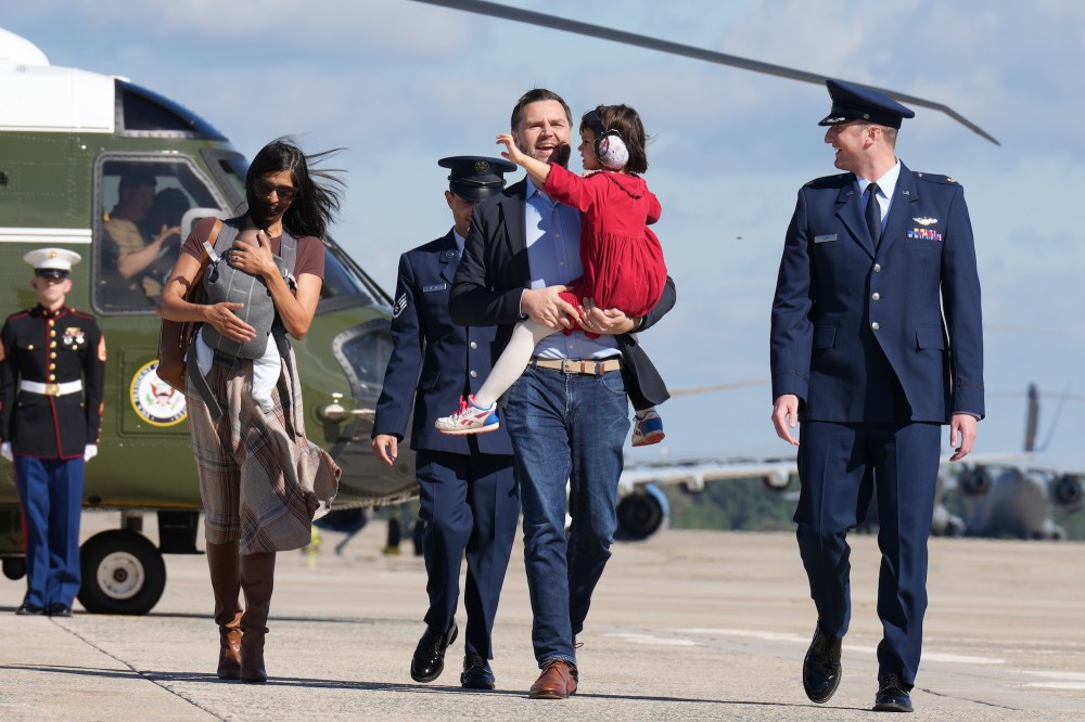 Usha Vance Stumbles on Helicopter Stairs While Holding 11-Week-Old Son